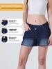 Shorts décontractés pour femme en denim monkey stretch élevé déchiré, taille basse, avec poche à boucle diagonale.