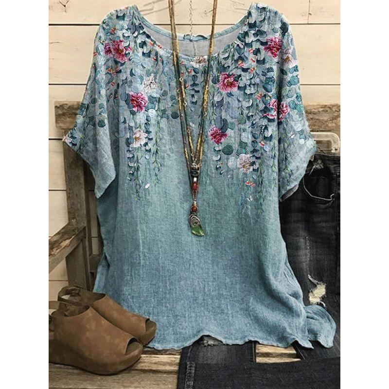 Printed round Neck Neck Casual Loose Top Print round Neck Top Women