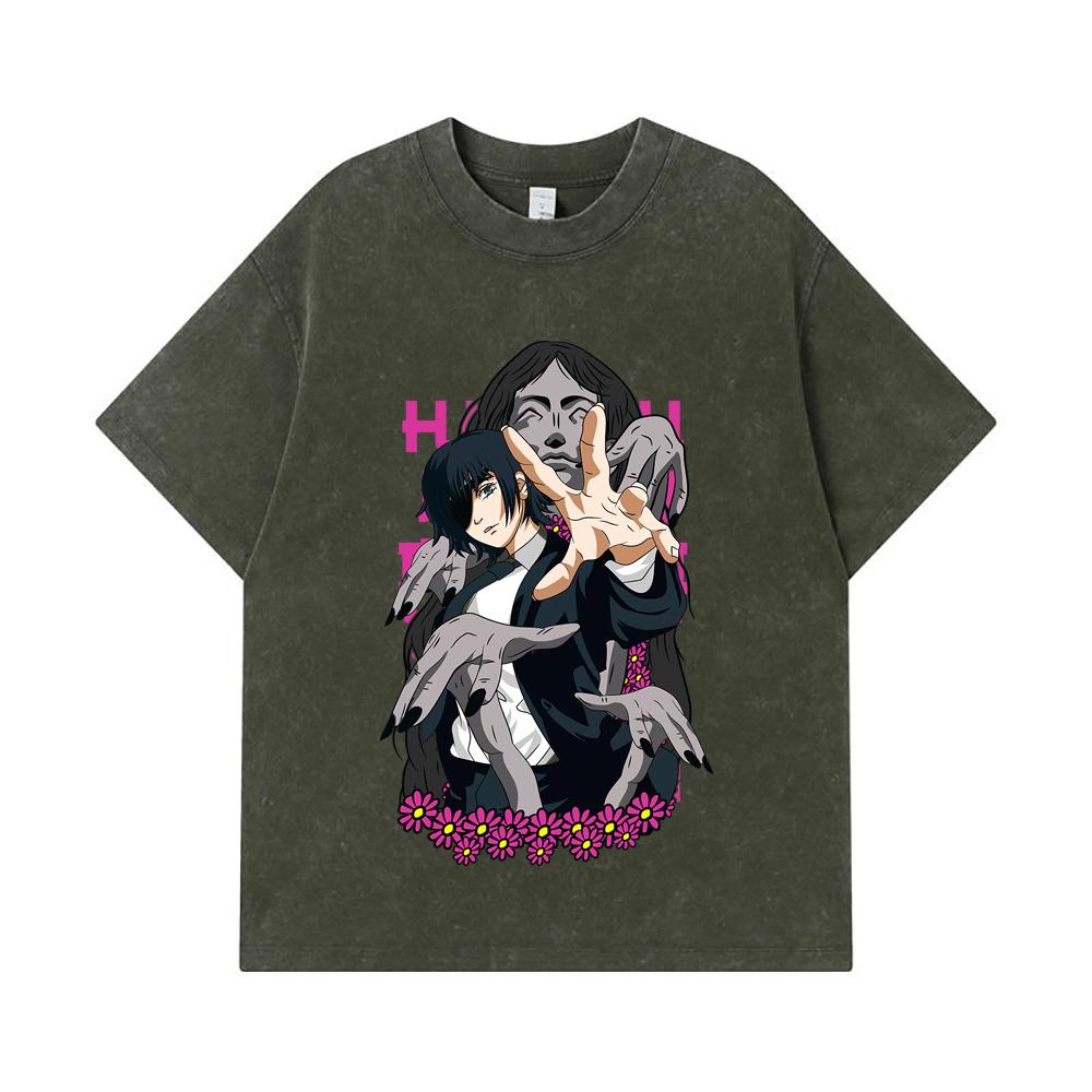 275 GSM Washed T-shirts 100% Cotton Chainsaw Man V24 Himeno Print Unisex Heavy Cotton T Shirt S
