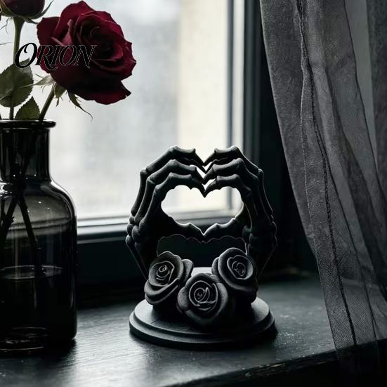 Hand Heart Gesture Sculpture 3D Printed Shape Skeleton Ornament, Gothic Rose Skull Statue Niche Style Art Gifts for Home Decor, Unique Dark