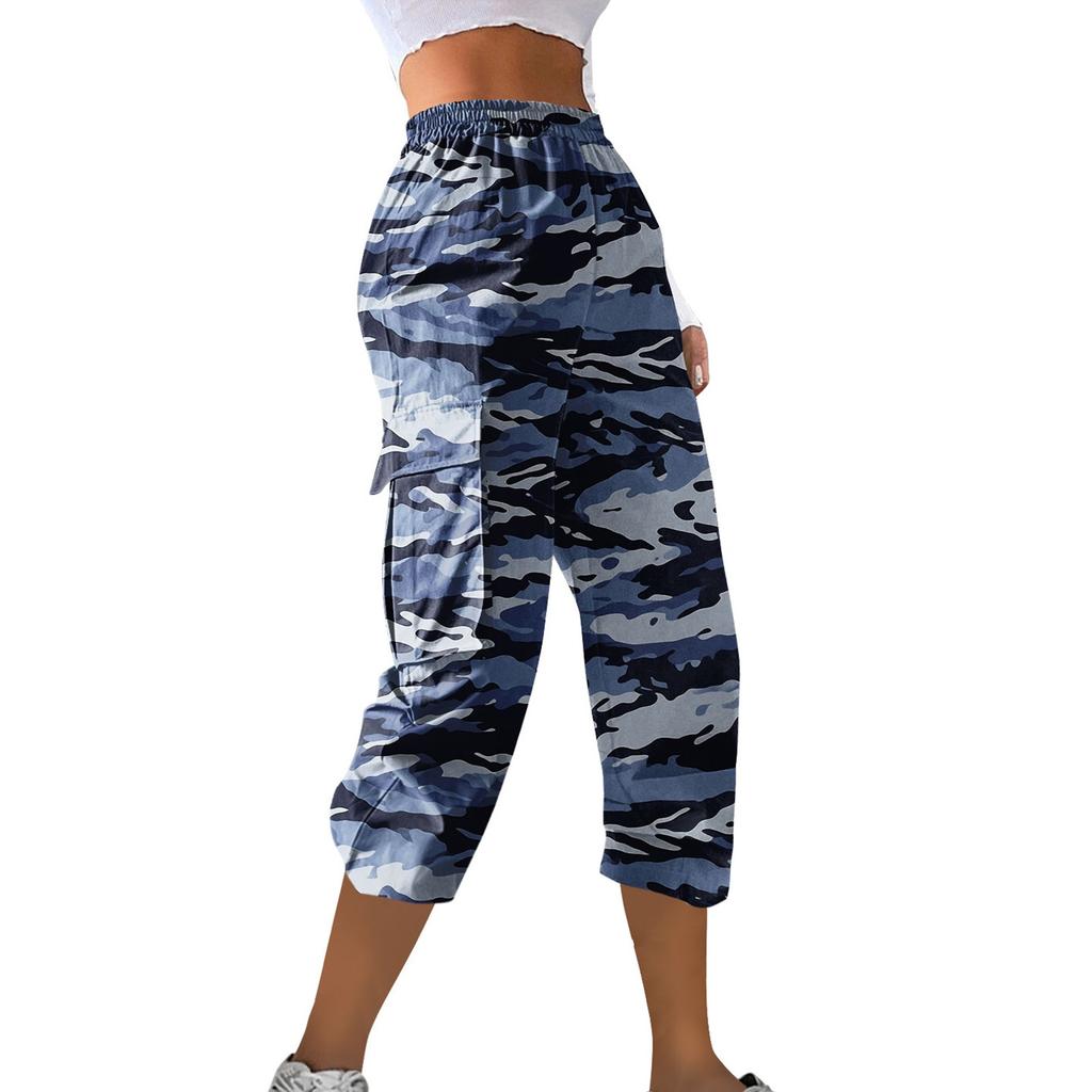 Ladies' Casual Work Pants With Elastic Waistband And Camouflage Printed Cropped Pants