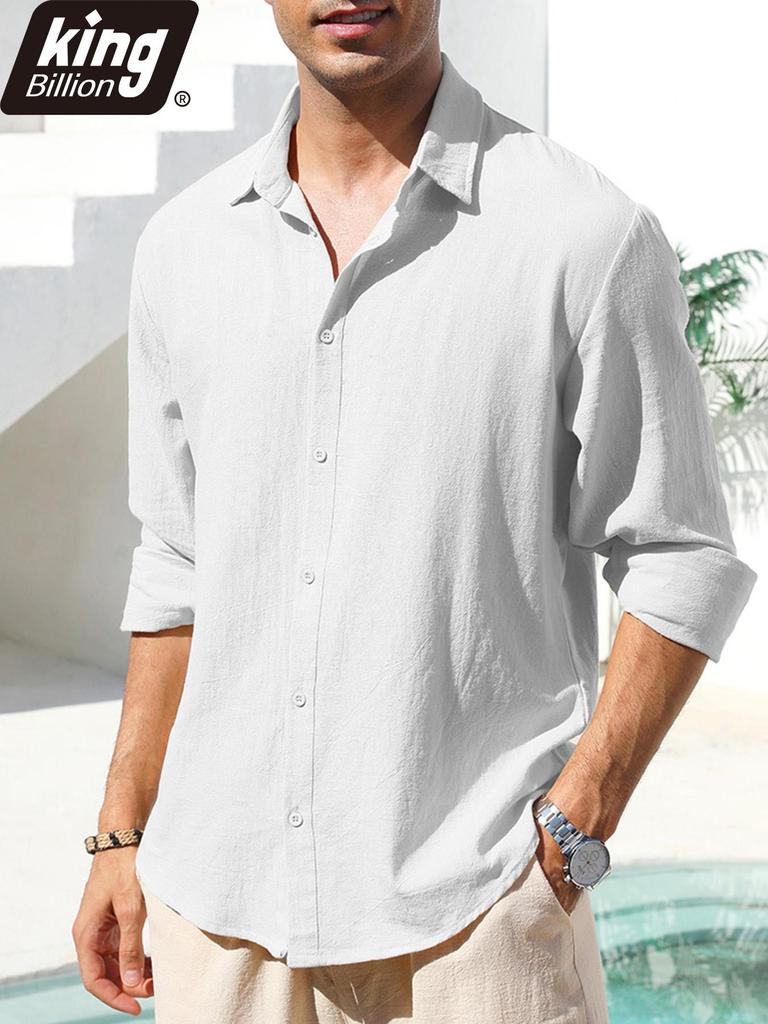 Spring Summer Men's Cotton Linen Shirt Long Sleeve Solid Color Casual Vacation Beach Lightweight Cozy Shirt