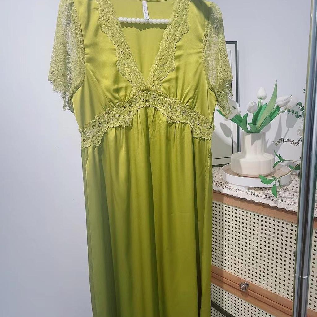 Fairy Lace Ice Silk Maxi Dress with Breast Pads - Sexy Long Sleeve Nightgown for Women, Home & Outdoor Wear