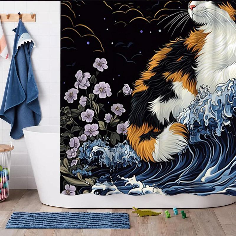 Calico Cat by the Moonlit Sea Shower Curtain - Water-Resistant, Easy to Clean, Adds a Magical and Serene Touch to Your Bathroom