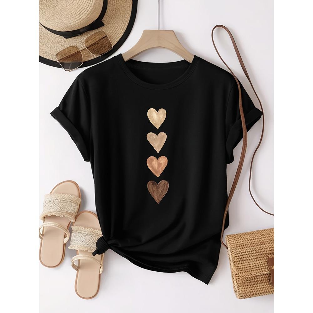 Women's Casual Short Sleeve T-Shirt with Four Heart Graphic Print - Black & Golden, Medium Stretch Round Neck