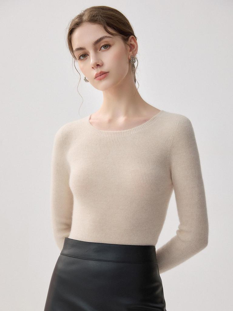 100% Pure Cashmere Slim Fit Women's Round Neck Knit Sweater for Autumn and Winter
