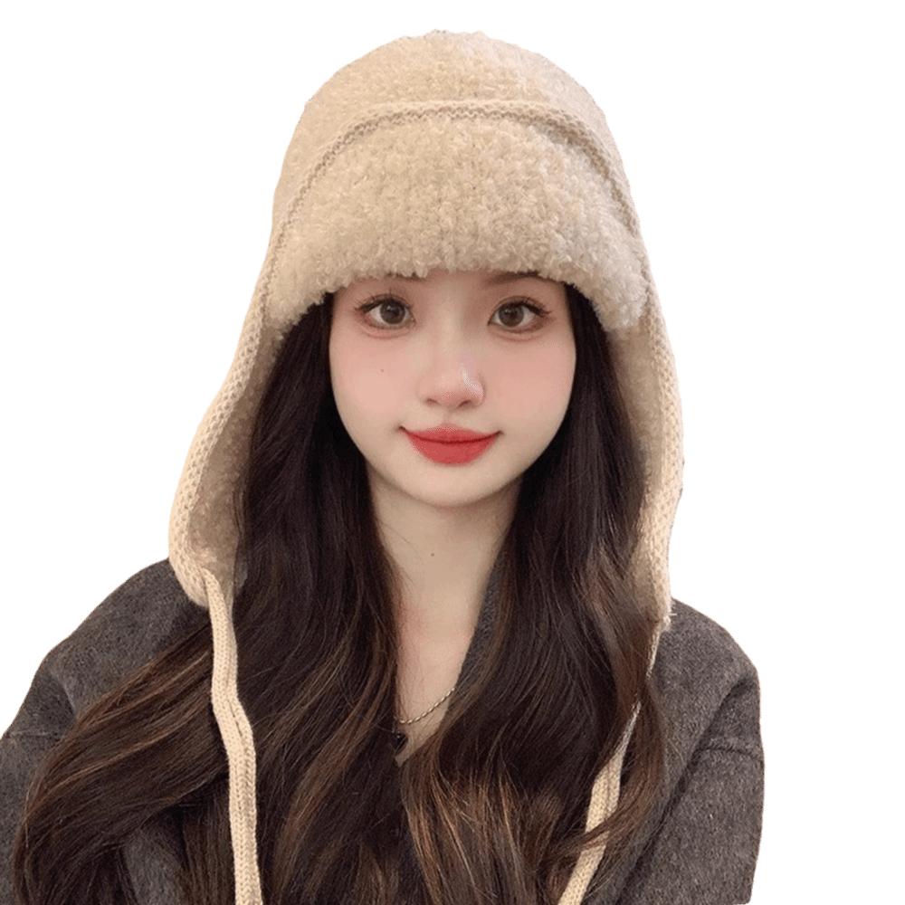 

Version Winter Hat Solid Color Plush Knitted Knit Hat Cute Windproof Earflap Earmuff Women бежевый