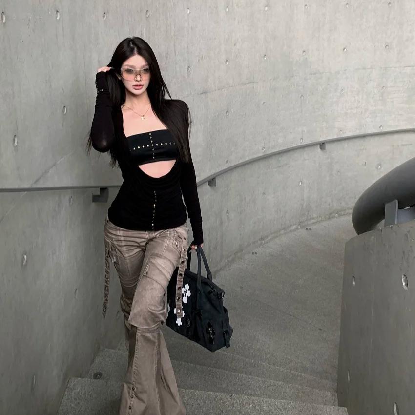 Y2k Punk Two Pieces Tops Irreugal Rivet Tops + Sleeveless Tank Streetwear Americal Retro 90s Black Tee Tops E-girls