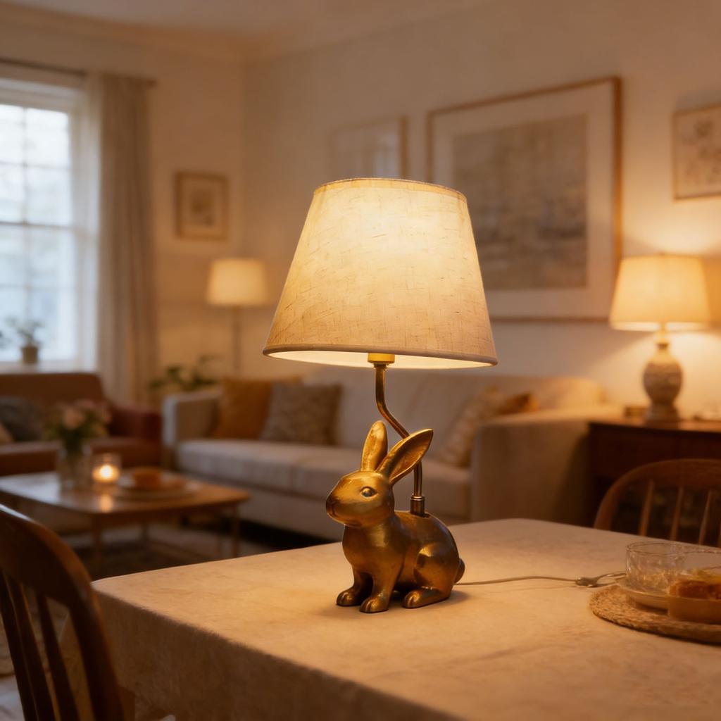 Golden Bunny Dog Resin Table Lamp With Linen Shade, Cute Desk And Bedside Lamp For Bedroom, Living Room Nightstand, Unique Home Deco