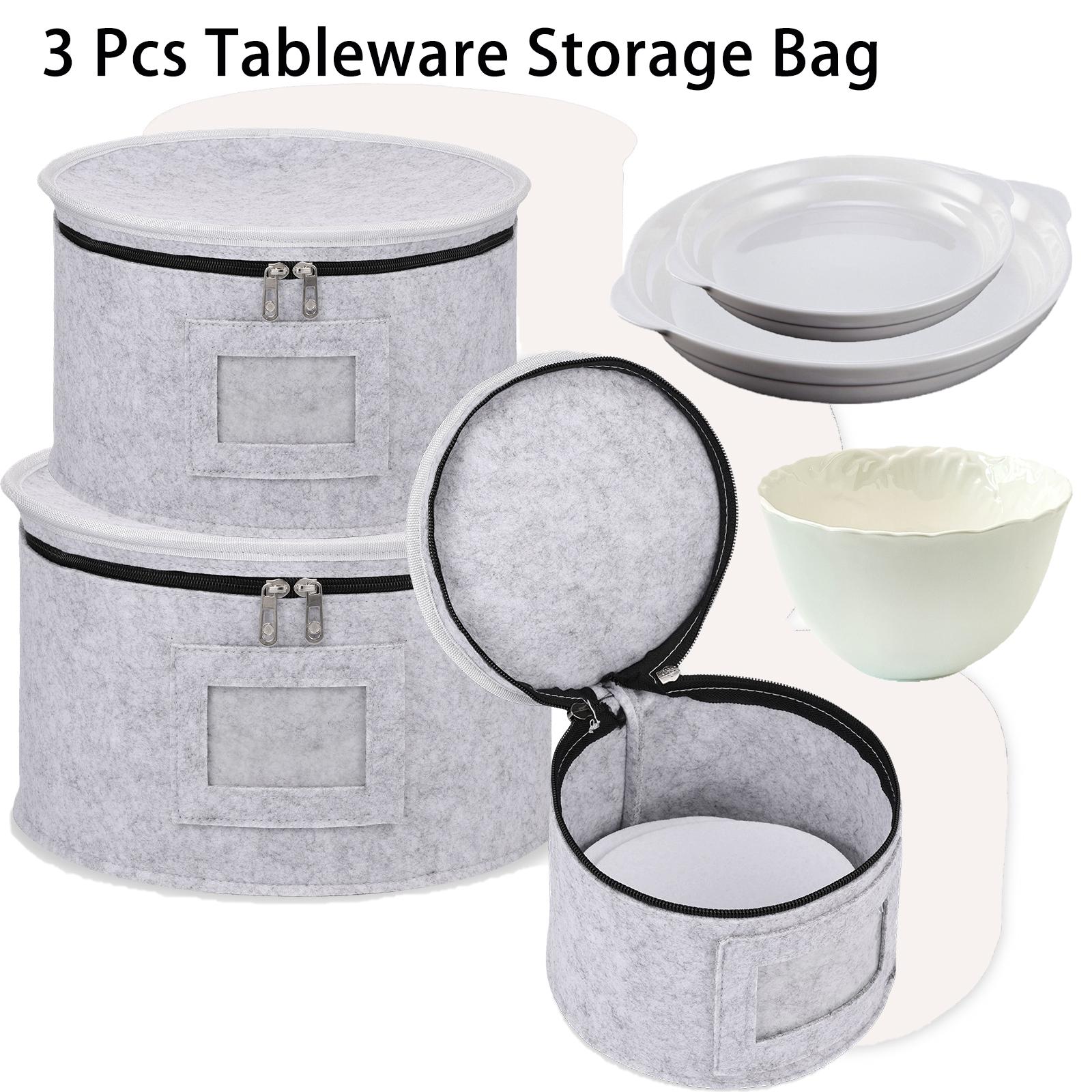 3 Pcs Felt Cloth Tableware Storage Bag with Dividers Stackable Dustproof China Bowl Dish Plate Storage Containers with Zipper