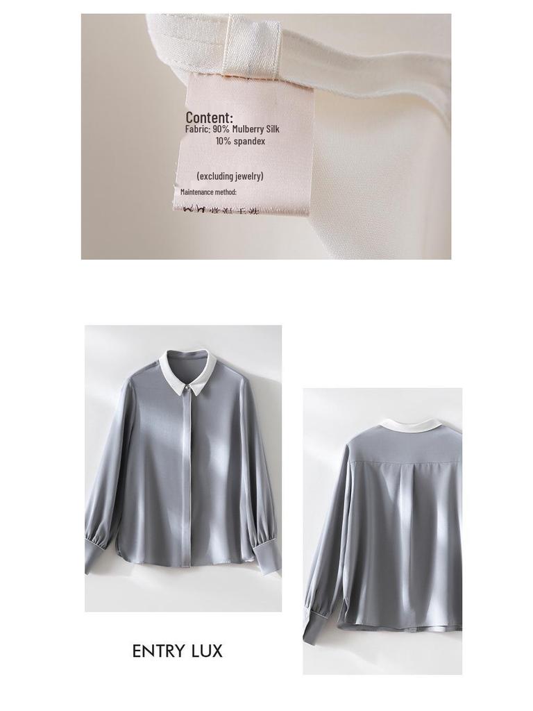 Women's 22 Momme Silk Color Block Shirt - Long Sleeve, Single-Breasted, Loose Fit, Slimming, New Spring/Summer 26 Arrivals.