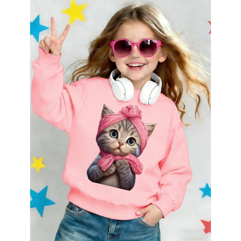 Kids Sweatshirt,Round Neck Sweatshirt for Spring/Autumn,Pink Floral Headscarf Cat Scarf,Fashionable and Versatile Children's Printed Casual Sweatshirt