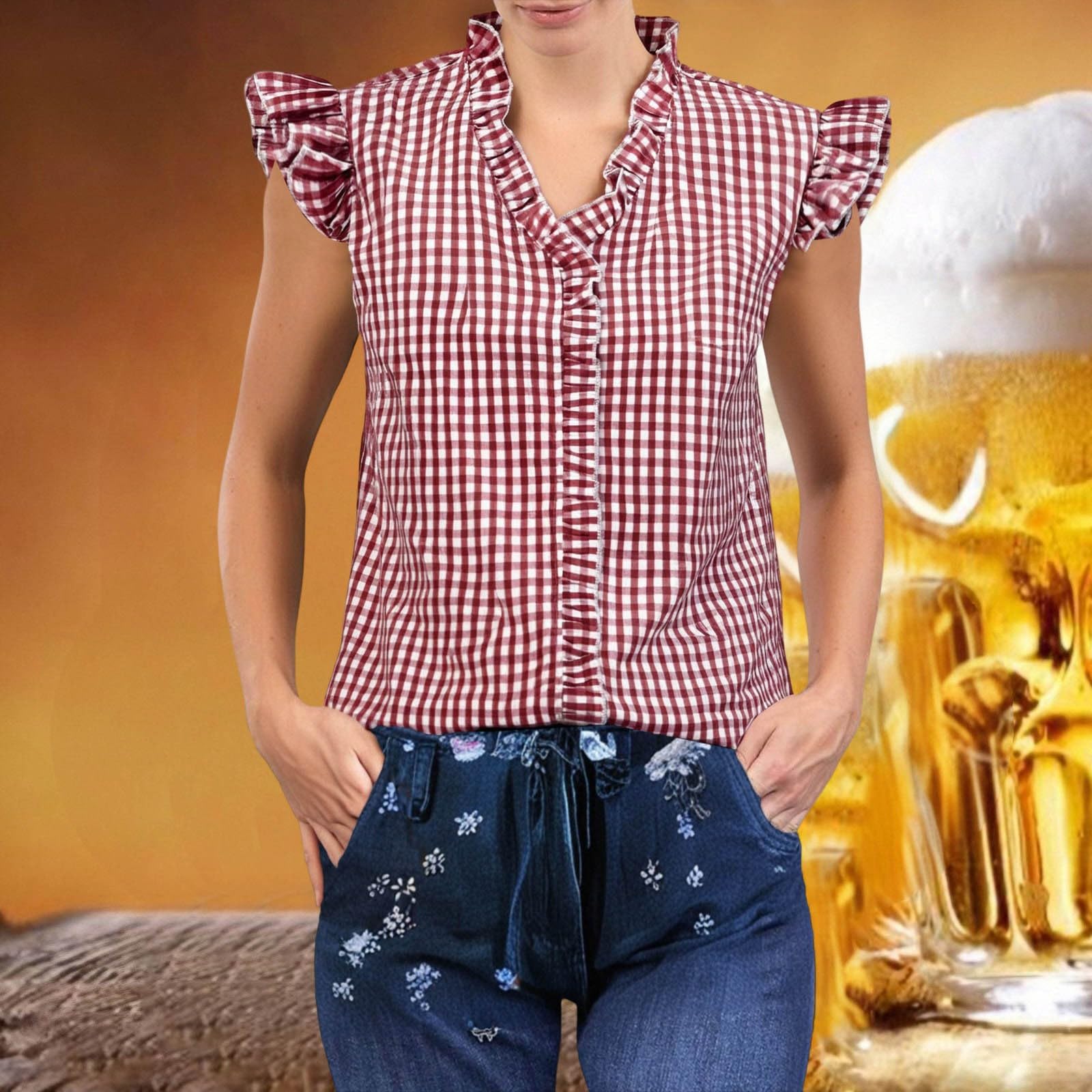 

Традиционная женская повседневная клетчатая рубашка с коротким рукавом Фестиваль пива XL красный