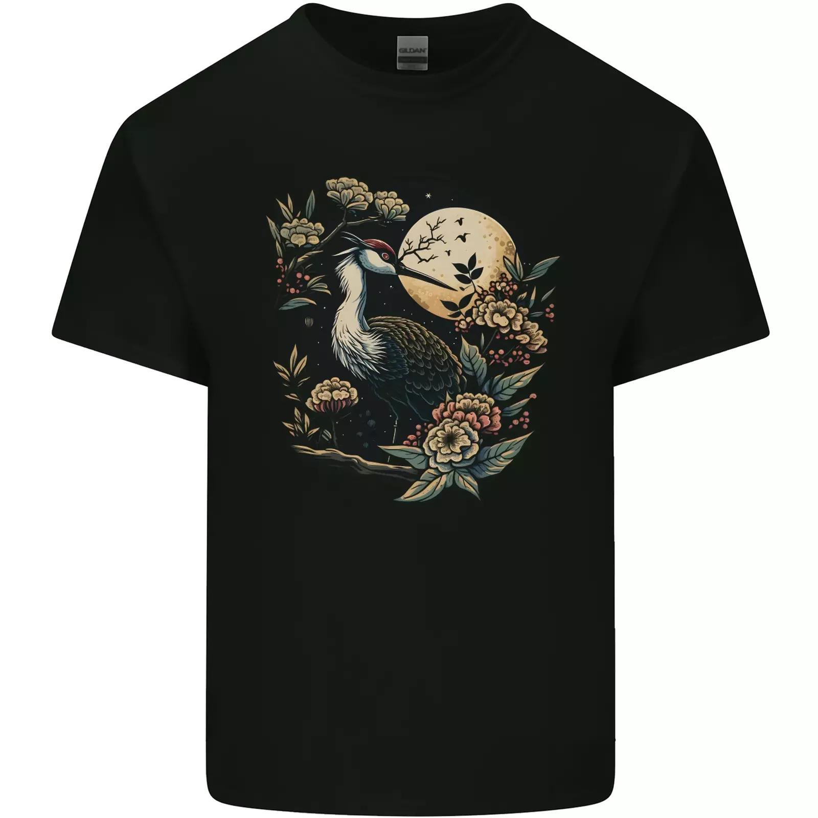 A Crane With Flowers and Moon Bird Kids T-Shirt Childrens 100