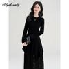 French Style Autumn Winter Women Maxi Long Dress Brief O Neck Knitting Lace Patchwork Dress Thick Warm Knitted Ruffles Feminine Dress