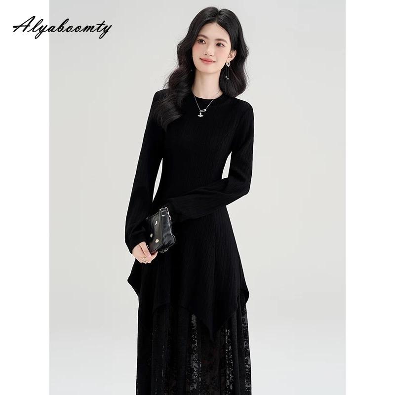 French Style Autumn Winter Women Maxi Long Dress Brief O Neck Knitting Lace Patchwork Dress Thick Warm Knitted Ruffles Feminine Dress