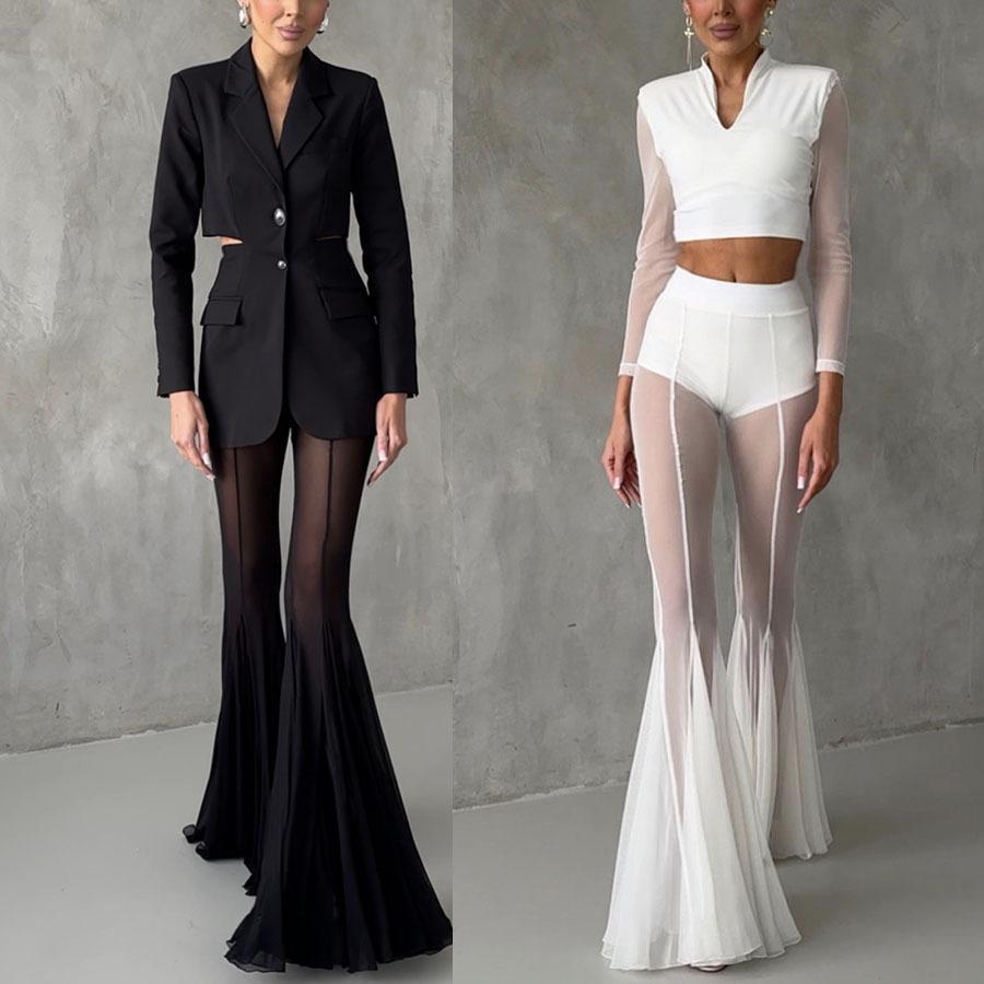 Women's Sheer Mesh Flare Pants High Waist See-Through Wide Leg Bell Bottom Trousers