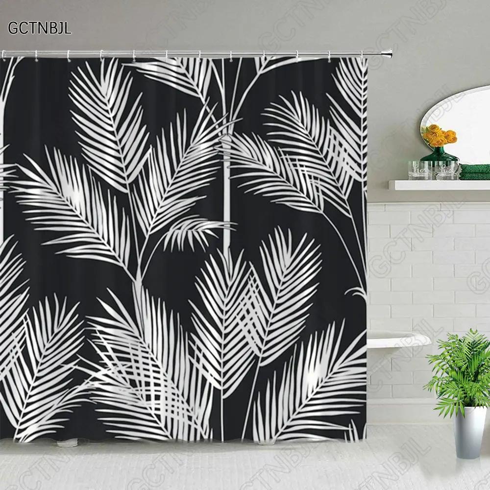 Tropical Green Plant Bathroom Shower Curtains Black Background Gold Palm Leaf Pattern Bath Curtain Waterproof Bathtub Home Decor