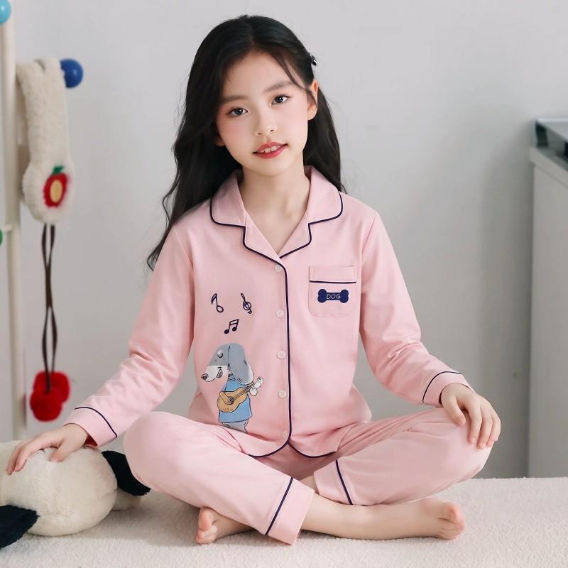 100% Cotton Girls Pajama Set Long Sleeve Cartoon Print Sleepwear Open Front Robe Style Fall