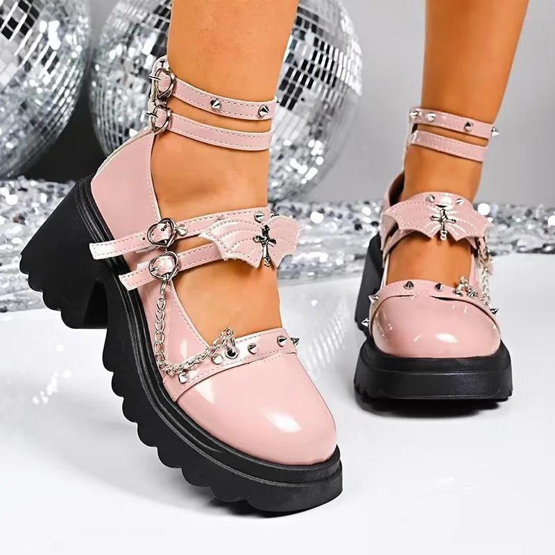 Fashion Pink Lolita Wedges Pumps for Women Rivet Metal Chain Chunky Platform Mary Jane Shoes Ankle Buckle Thick Sole Uniform Shoes