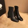 Versatile Short Boots! Skinny Boots Thick Heel Women's Autumn and Winter Velvet Square Head High Heel Cowhide Bare Boots 7cm Small Man Looks Tall