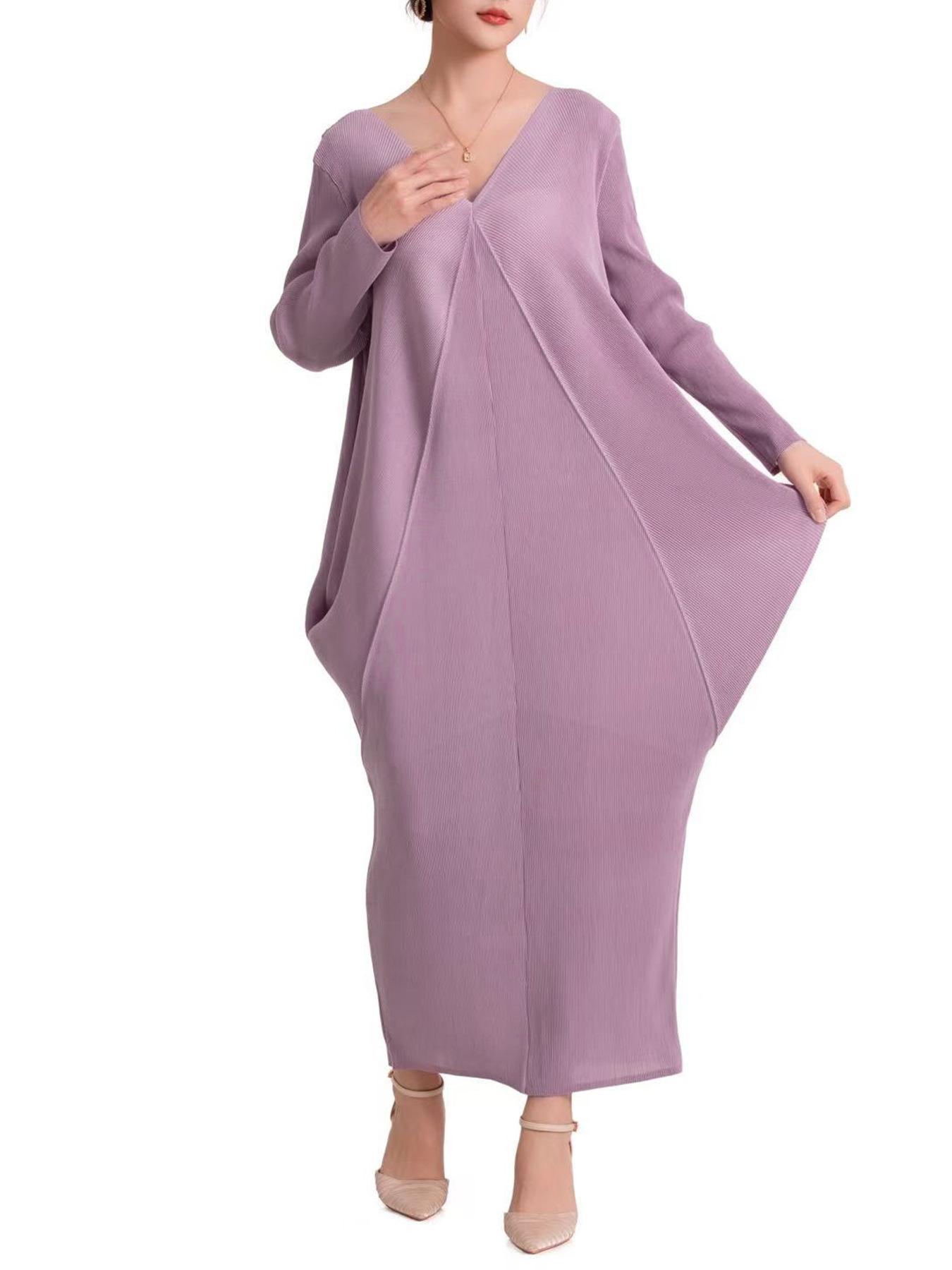 

Miyake V-Neck Pleated Long Sleeve Slimming Dress - Chic & Casual Long Skirt One Size светло-фиолетовый