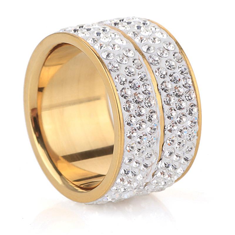 Stylish 12MM Stainless Steel Double Row Rhinestone Ring