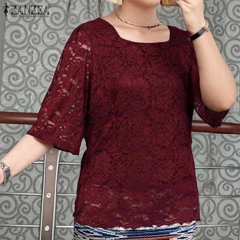 ZANZEA Women Casual Round Neck Summer Half Sleeve Lace Blouse