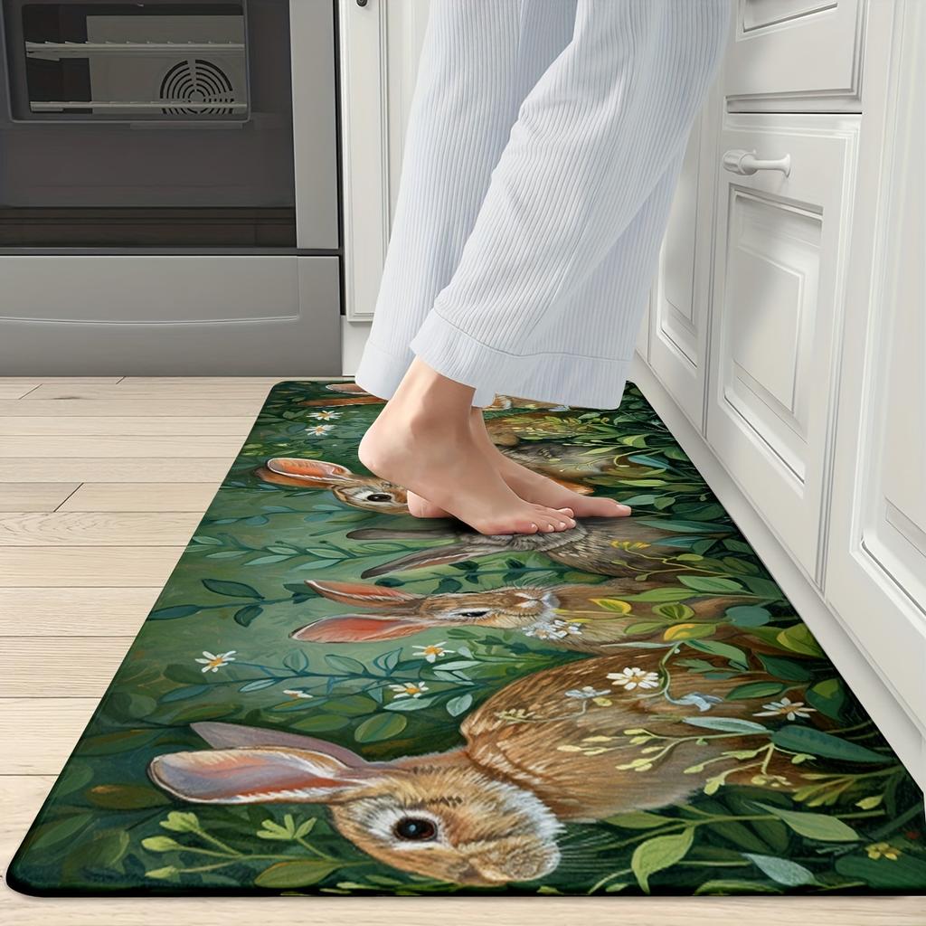 1Pcs Anti Fatigue Kitchen Rugs Rabbit Print Waterproof Non-Slip Thick Cushioned Kitchen Mat Heavy Duty Comfort Standing Mat for Kitchen Bathroom