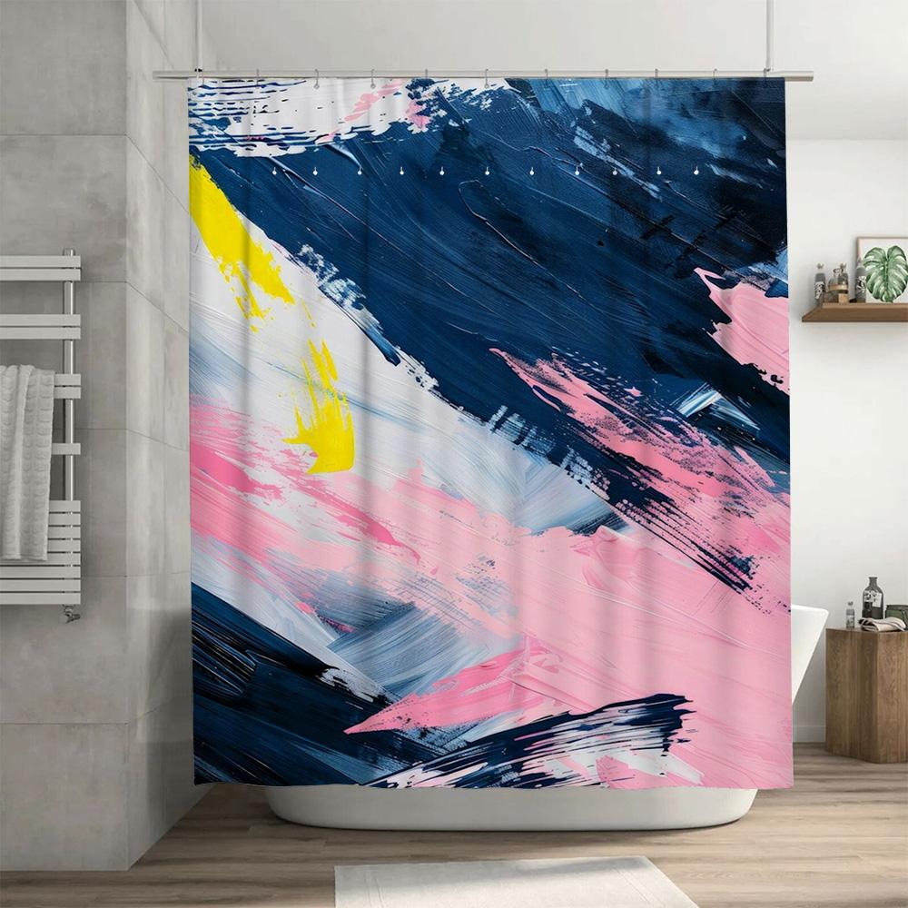Artistic Watercolor Design Shower Curtain for Bathroom Decor Navy Blue Pink White Yellow Waterproof Fabric Bath Mat Cover Size 7