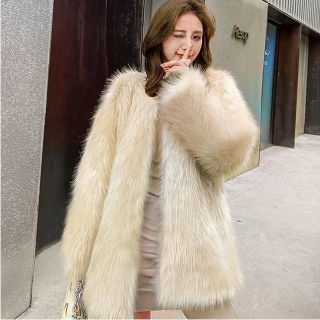 Imitation Fur Coat Women's Medium and Long Winter Imitation Fox Hair Slim and Thin Thickened Fur Coat