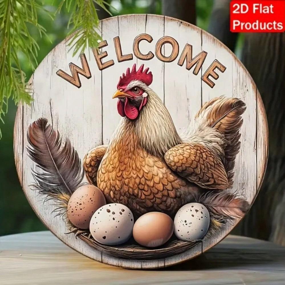 1PC 2D Graphic Country Style Welcome Sign Rooster and Egg Pattern Home Porch Indoor Display Decor