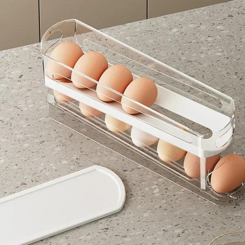 Caja de almacenamiento de huevos para refrigerador, soporte automático para huevos con desplazamiento, gran capacidad, para el hogar, cocina, estante de almacenamiento de huevos rodante exclusivo