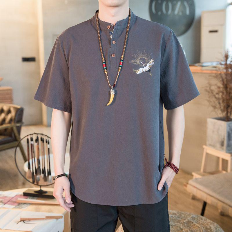 Chinese Men's Three-Quarter Sleeve Embroidered Tang Suit Cardigan Shirt