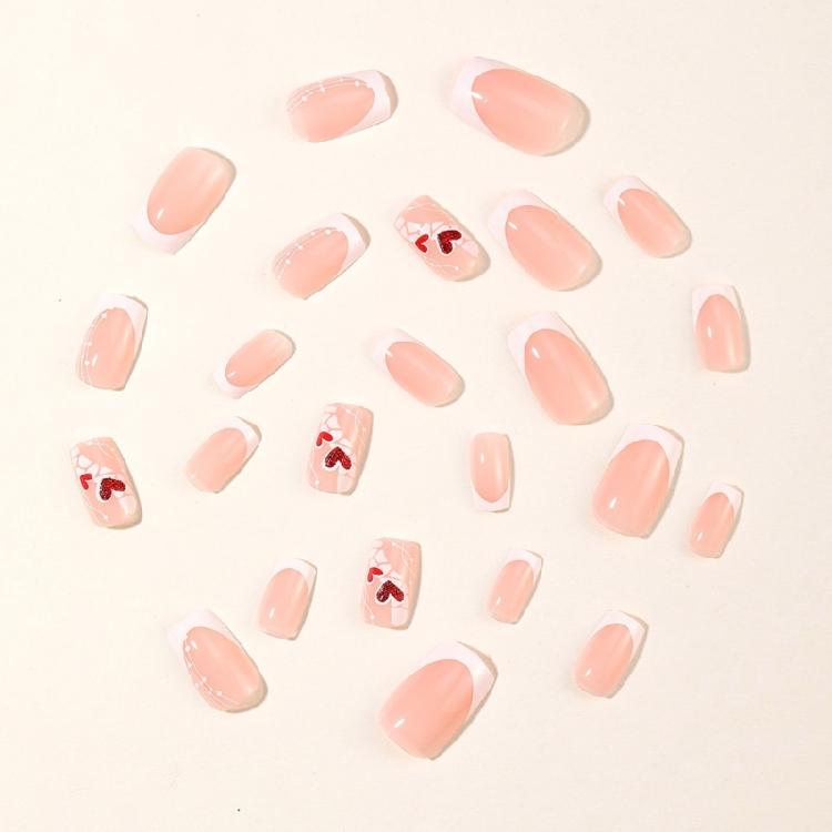 24pcs Sweet Heart Designs False Nail French White Short Square Artificial Nail for Party Valentine's Day Nail Decors