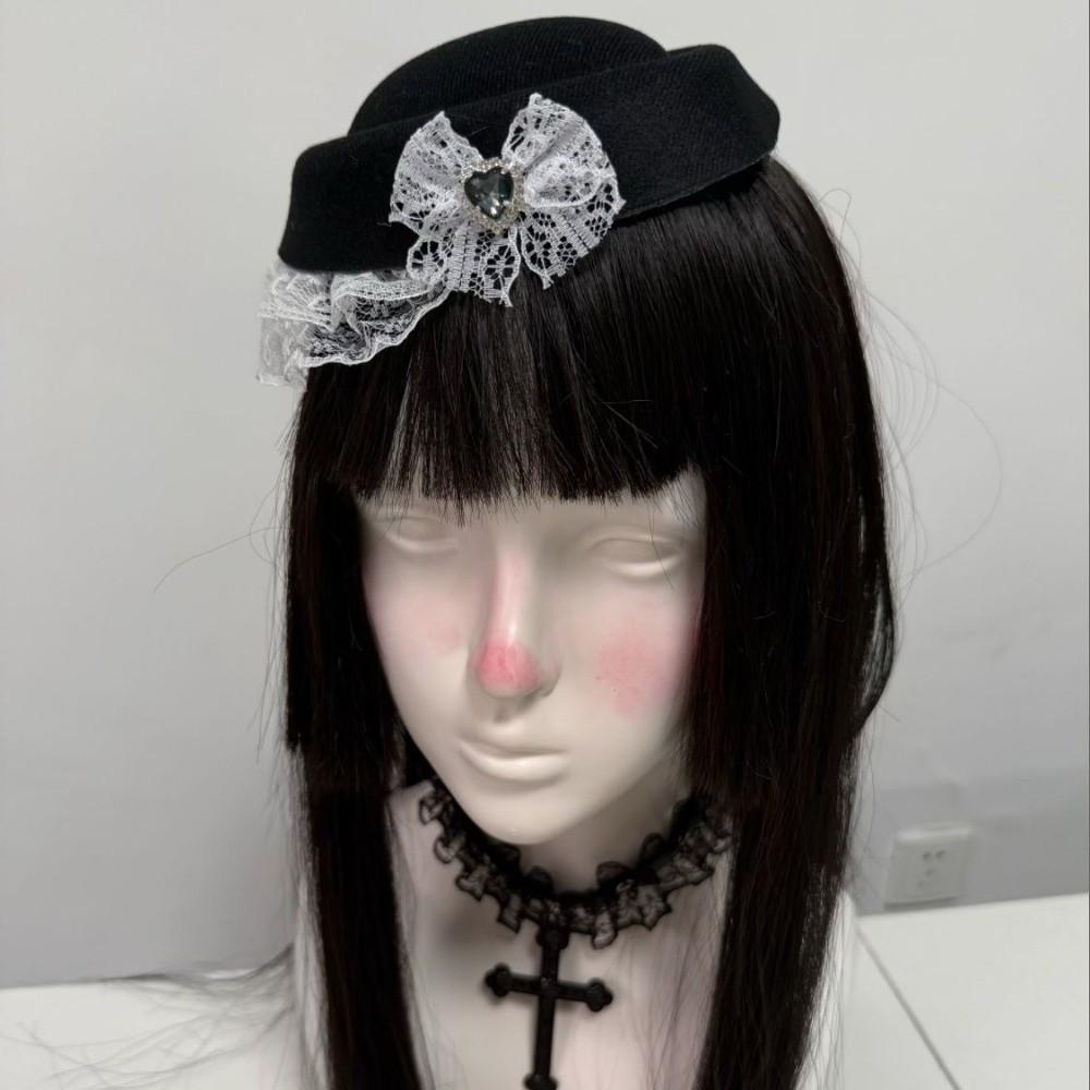 Elegant Lace Billycock Hat Sweet Heart Crystal Round Hat Vintage Bow Pillbox Hat  Dance Show