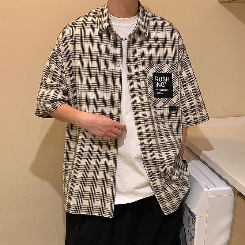 2024 Spring/Summer Plaid Short-Sleeve Loose Shirt for Male Students
