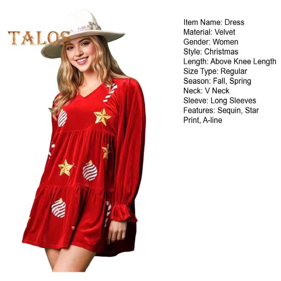 Weihnachtskleid für Damen, festlich, mit Sternendruck, Patchwork, Pailletten, A-Linie, plissiert, V-Ausschnitt, lange Ärmel, Rüschen, Samt, Party, Neujahr, Minikleid