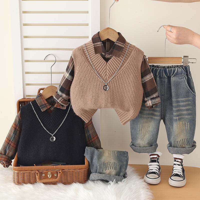 Boys' Long Sleeved 3-piece Set, Autumn and Winter Sleeveless Knitted Vest+checkered Shirt+denim Pants, Children's Comfortable Set