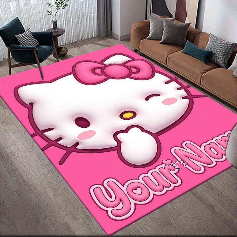 Custom Name,3D Inflated Hello Kitty Home Sofa Decoration for Living Room & Bedroom, Non‑Slip Play Flannel Floor Mat for Game Room