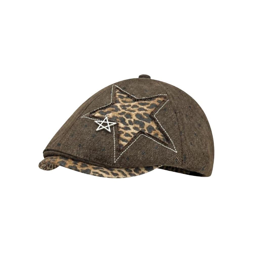 Leopard Denim Beret Hat Star Rivet Forward Hat Vintage Newsboy Cap Harajuku Style