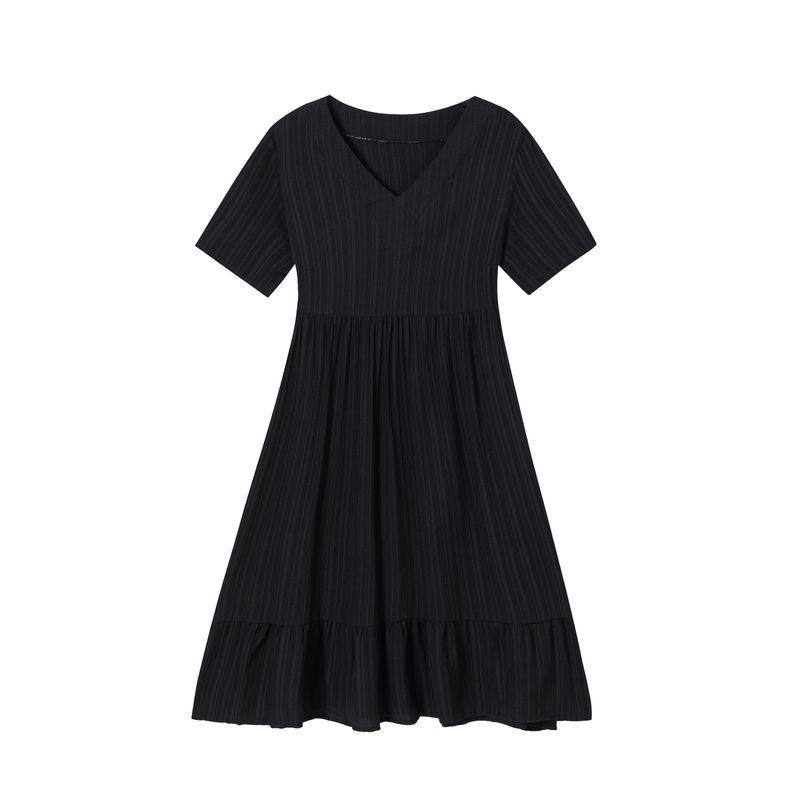 

Pleating Trendy Luxury Waist-Tight Fashion Style Casual Loose Short Sleeve Dress round Neck Puff Sleeves Waist-Tied Elegant Slim Looking Black L
