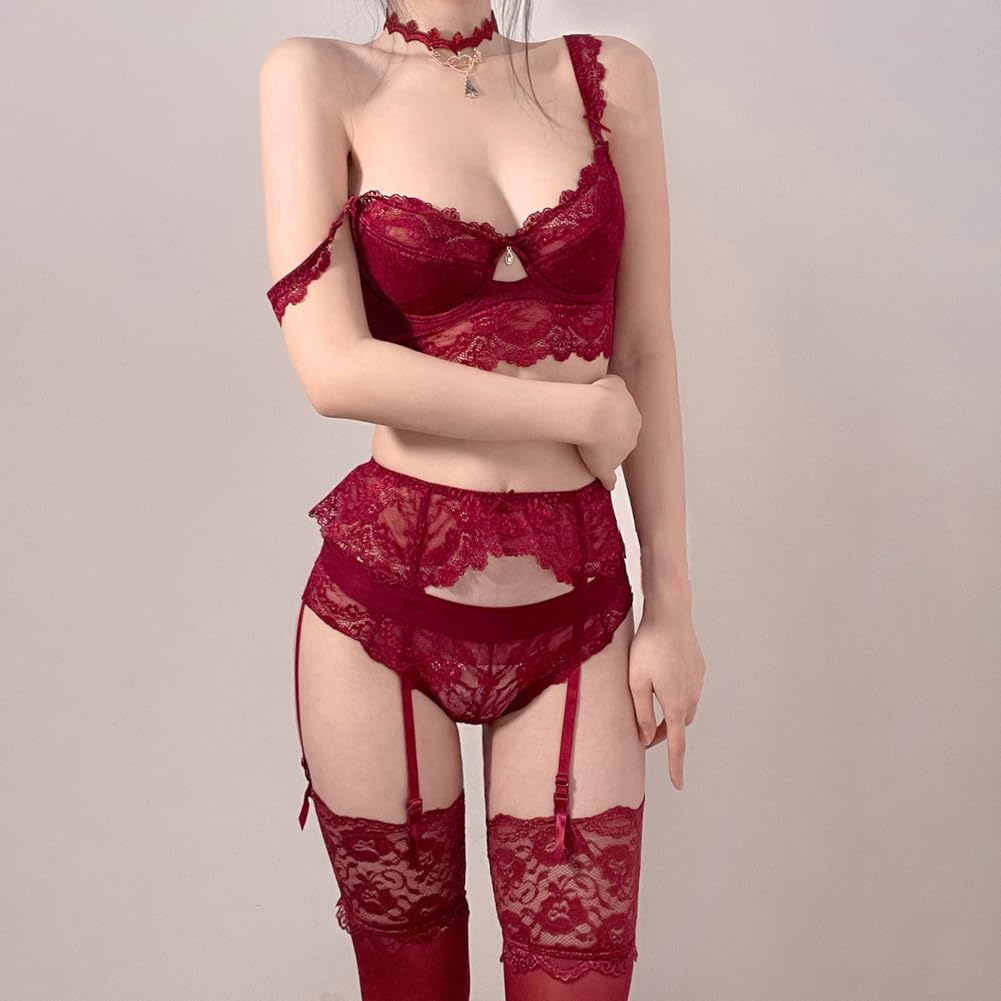 Amazon Exclusive Brand Garter Sexy Lingerie Set [varsbaby] Bra, Belt, Shorts, Stockings, 4-piece Set, (V399SP, Red, 85D)