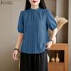 ZANZEA Women Stand Collar Solid Color Loose Casual Half Sleeve Blouse