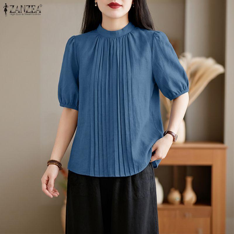 ZANZEA Women Stand Collar Solid Color Loose Casual Half Sleeve Blouse