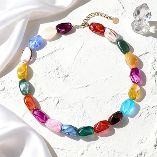 Colorful Chunky Beaded Necklace for Women Resin Beads Short Necklace Bohemian Style Chunky Choker for Summer Beach Holiday Party Vacation