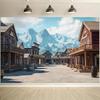 1pc Western Town Theme Background with Wooden Bar  Rural Bucket  and Snow Mountain