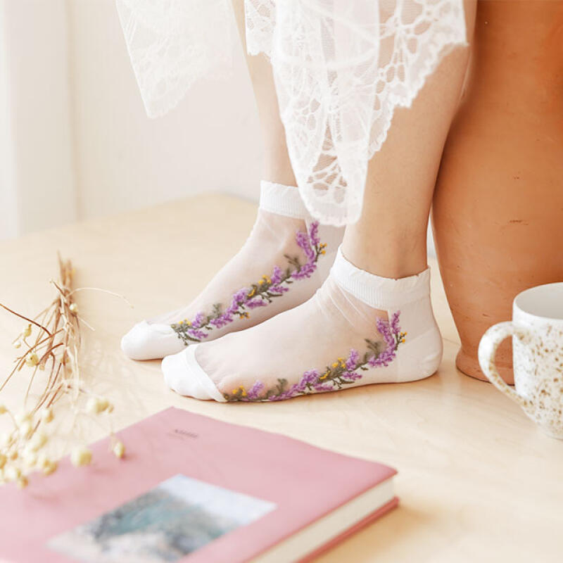 SSRU037_Flower Line Short-sleeved See-through Socks beige