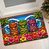 1pc Hawaiian Tiki God Flannel Mat, Palm Tree Wave Floral Print Entrance Door Mat Bathroom Bedroom Non-Slip Water-Absorbing Mat