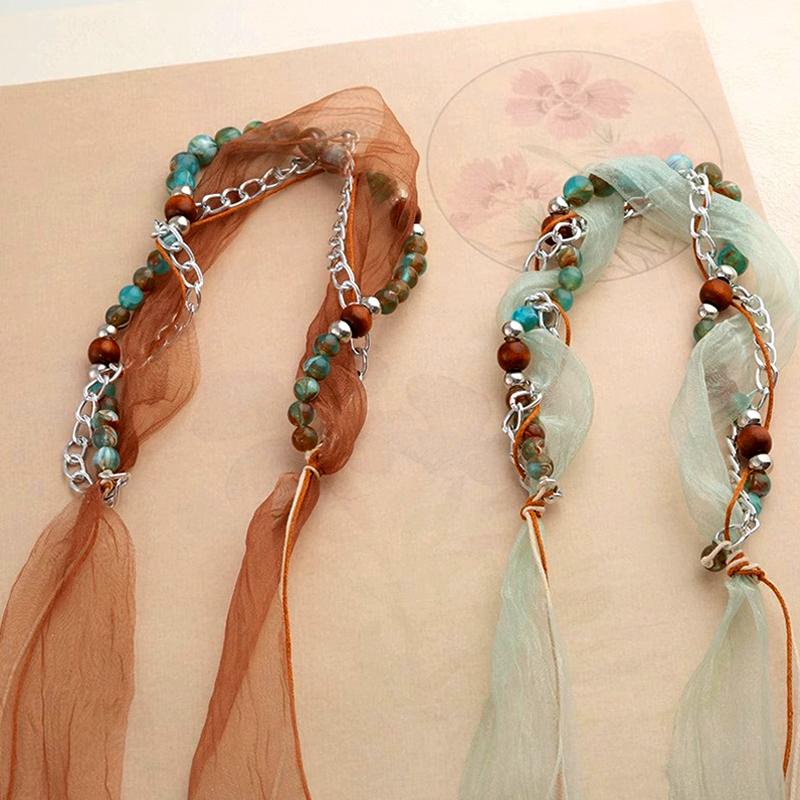 1 Pc Waist Chain Bohemia Hat Rope Retro Style Silk Rbbon Ethnic Style Headwear Compilation And Distribution Beaded Headband